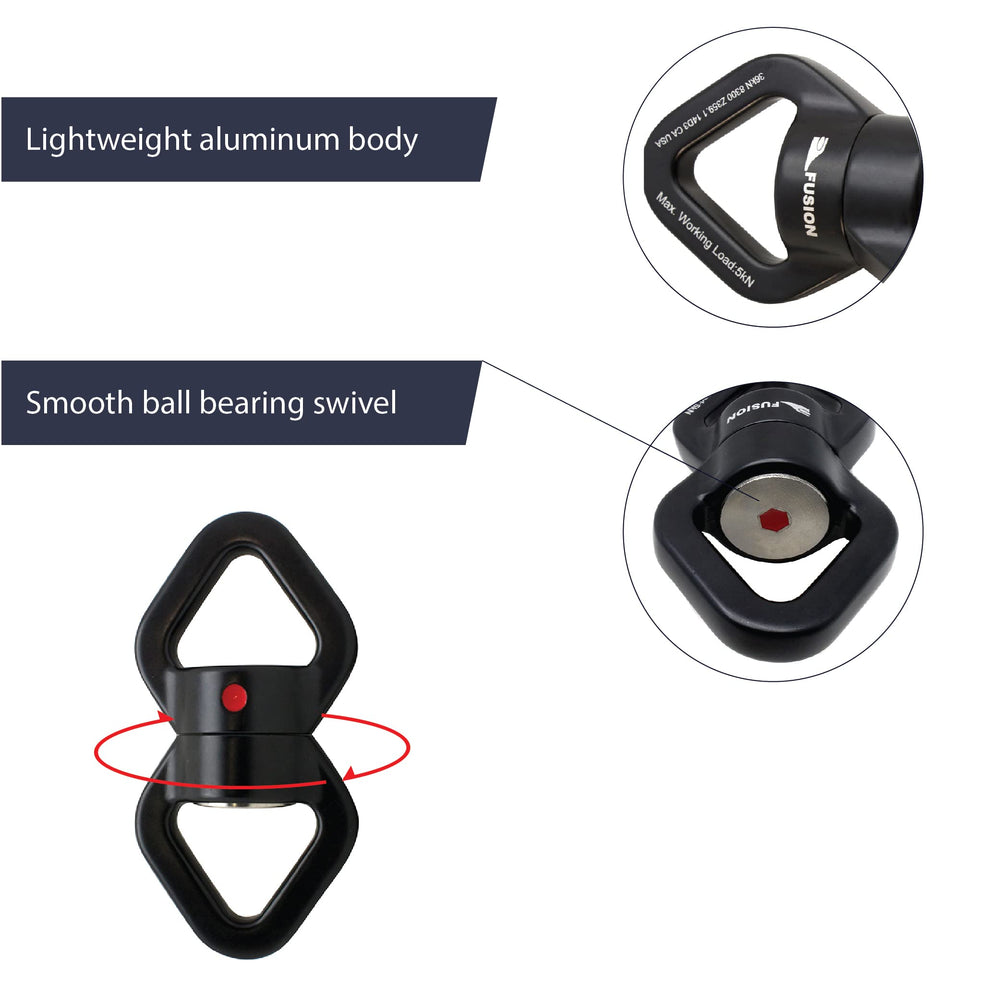 Fusion Swing Swivel ball bearing rotation reduces rope twisting.