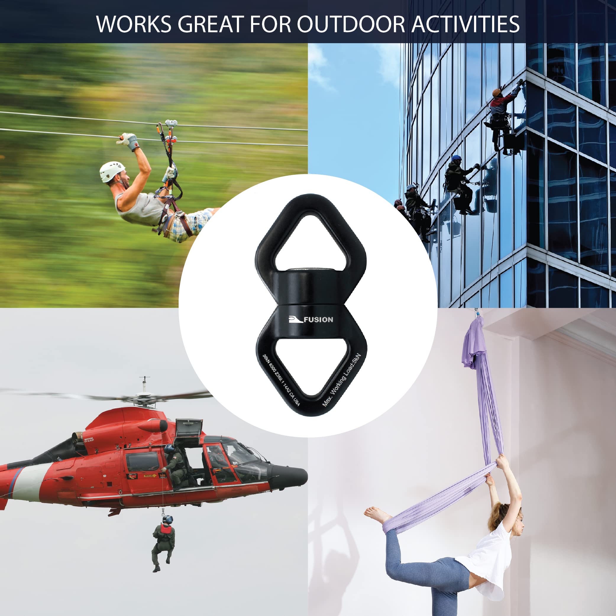 Fusion Swing Swivel versatile rigging for aerial yoga and hammocks.