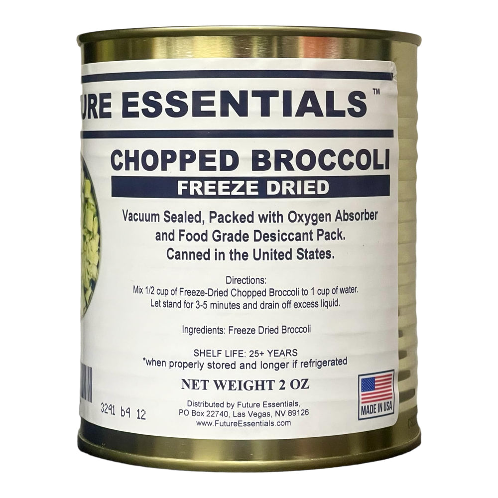 Future Essentials broccoli can front view, long shelf life for emergency prep
