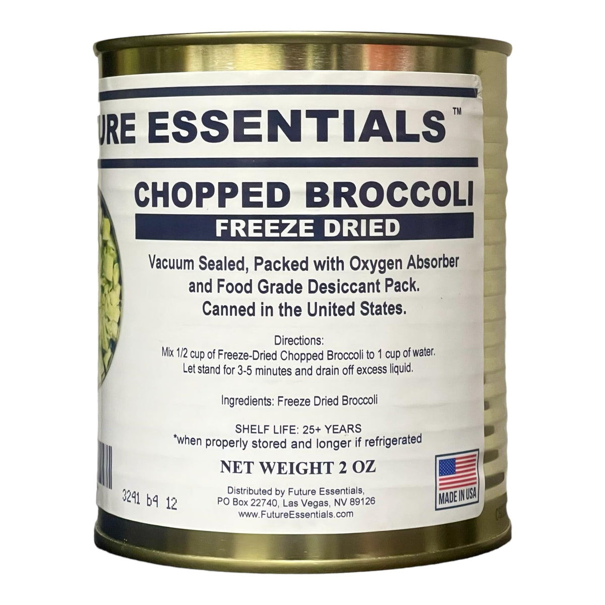 Future Essentials broccoli can front view, long shelf life for emergency prep