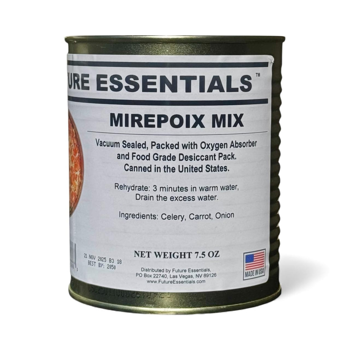 Future Essentials Mirepoix Mix can front view showing storage-ready ingredients