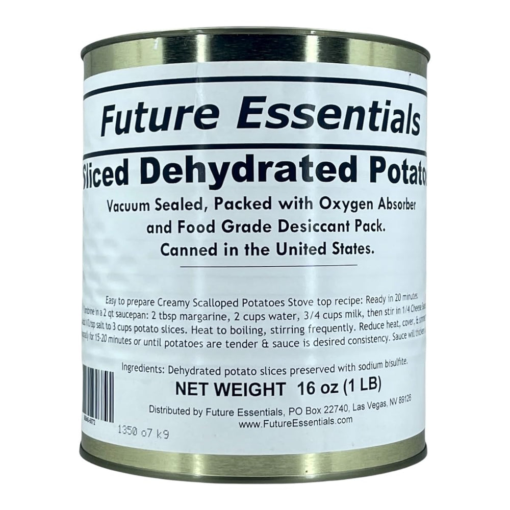 Future Essentials sliced dehydrated potatoes in a can for long-term storage