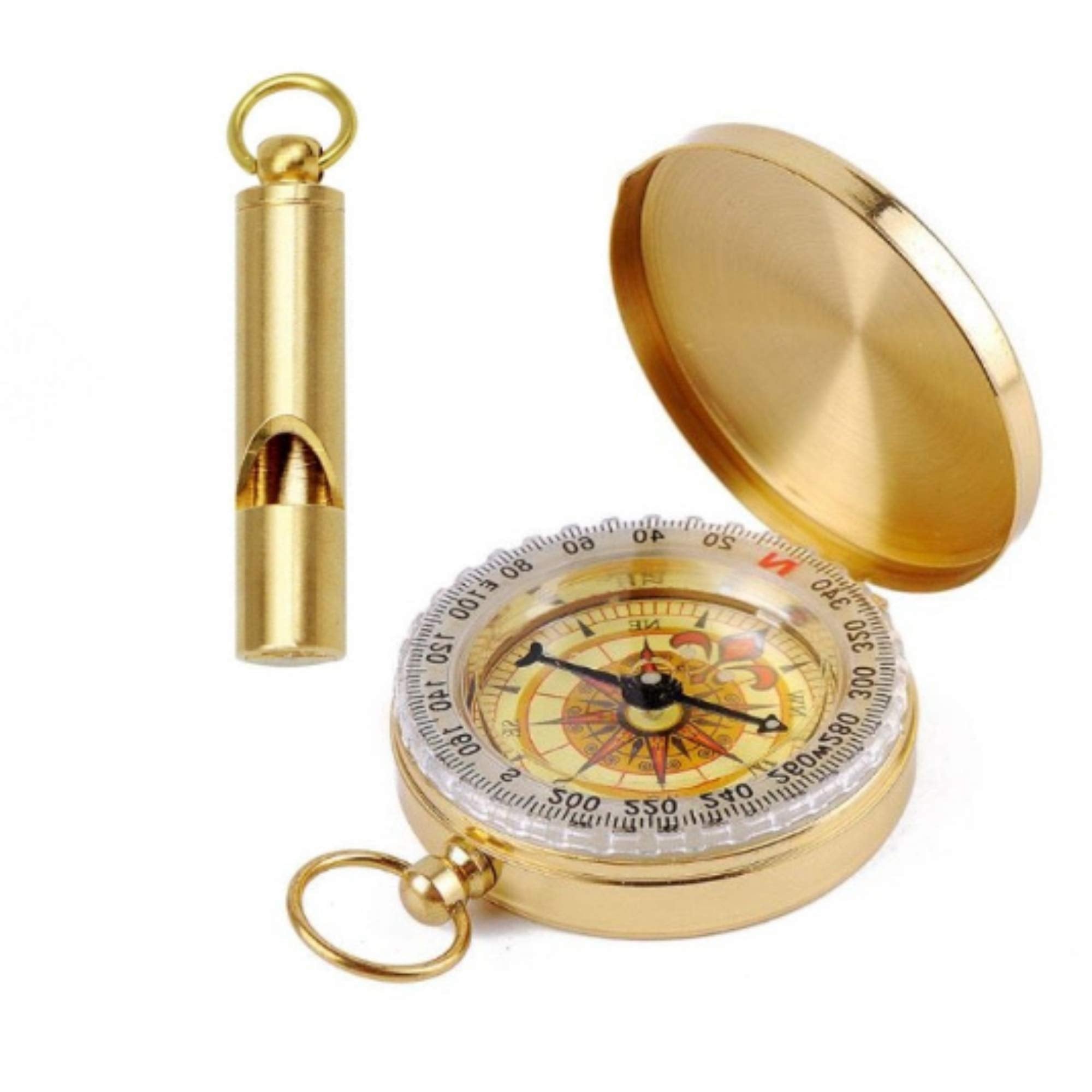 FutureSteps brass compass with whistle close-up for pocket-ready navigation.