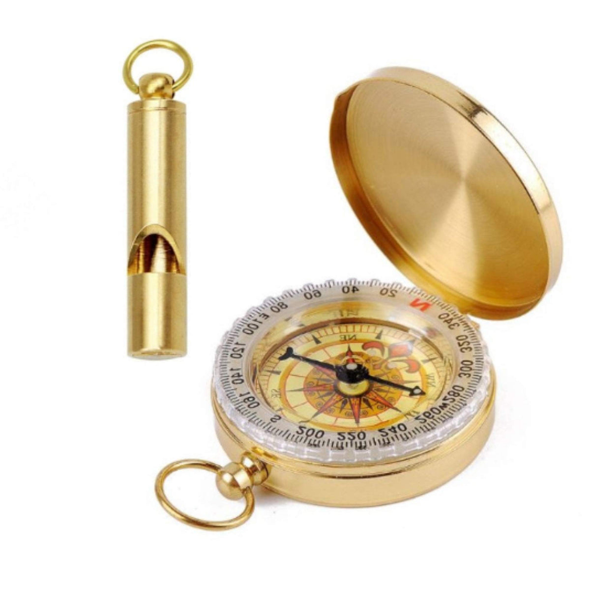 FutureSteps brass compass with whistle close-up for pocket-ready navigation.