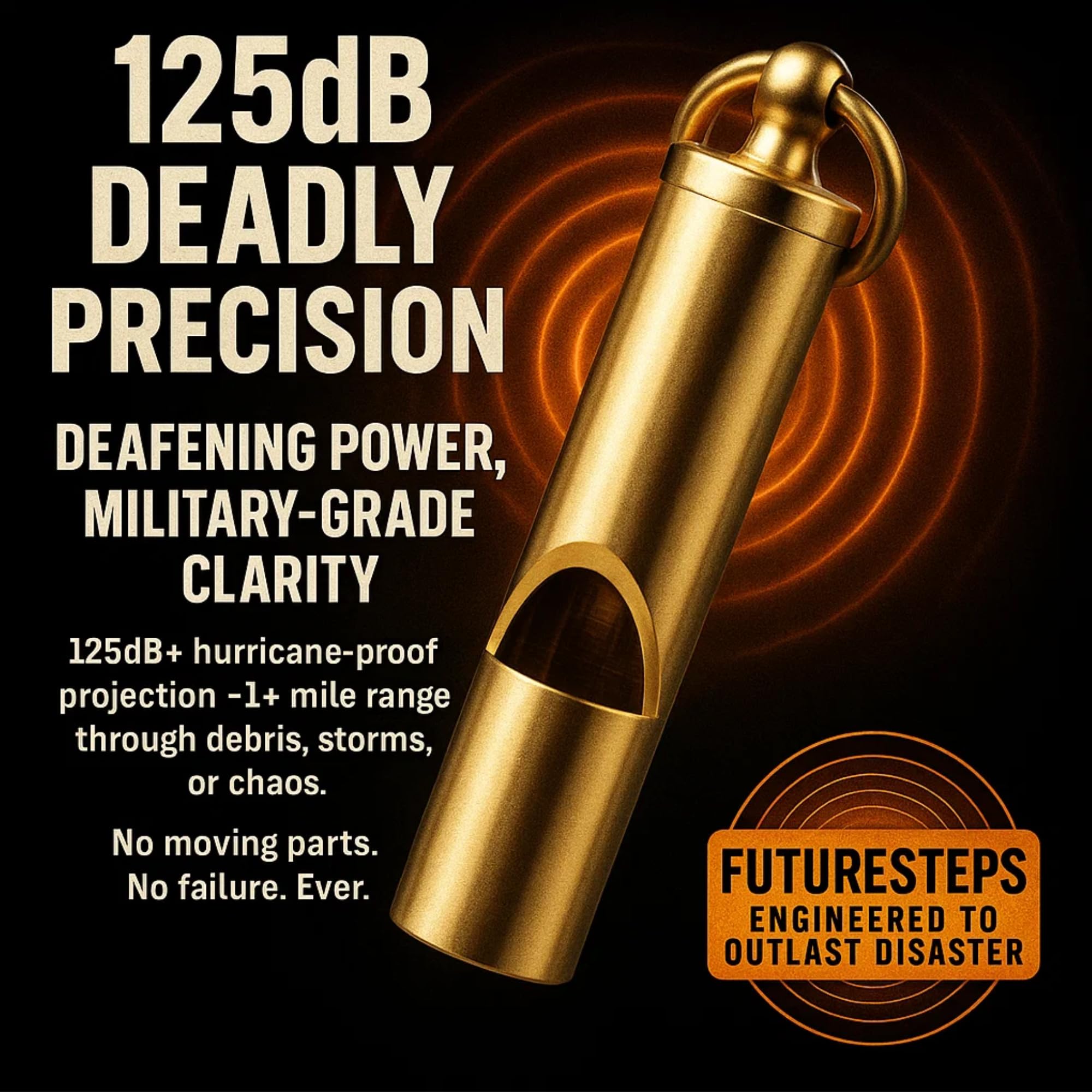 FUTURESTEPS loudest brass whistle close-up-brass highlights premium material and reliability
