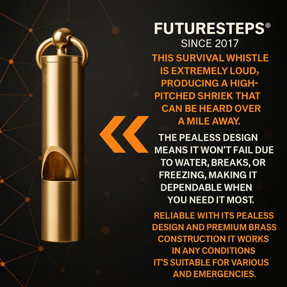FUTURESTEPS loudest brass whistle clipped-to-belt shows secure carry during adventures