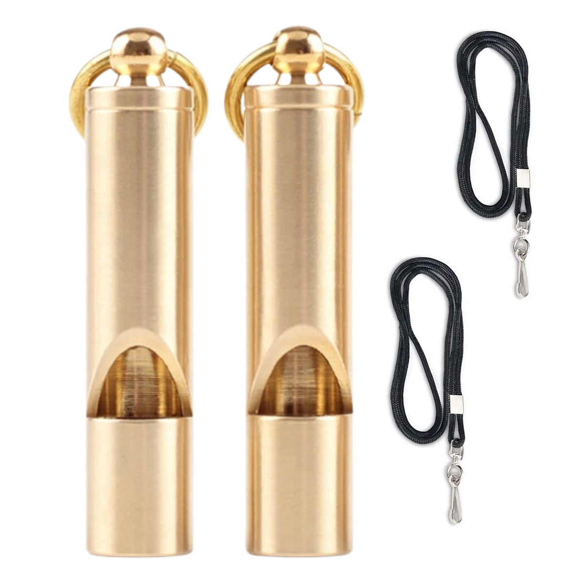 FutureSteps Premium Brass Whistles front view with lanyards for quick outdoor signaling.