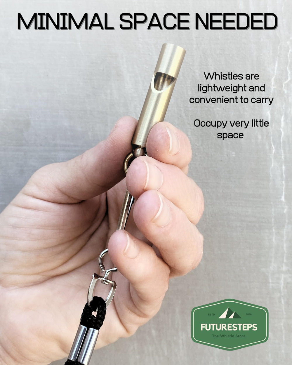 FutureSteps Premium Brass Whistles with lanyards for easy everyday carry.