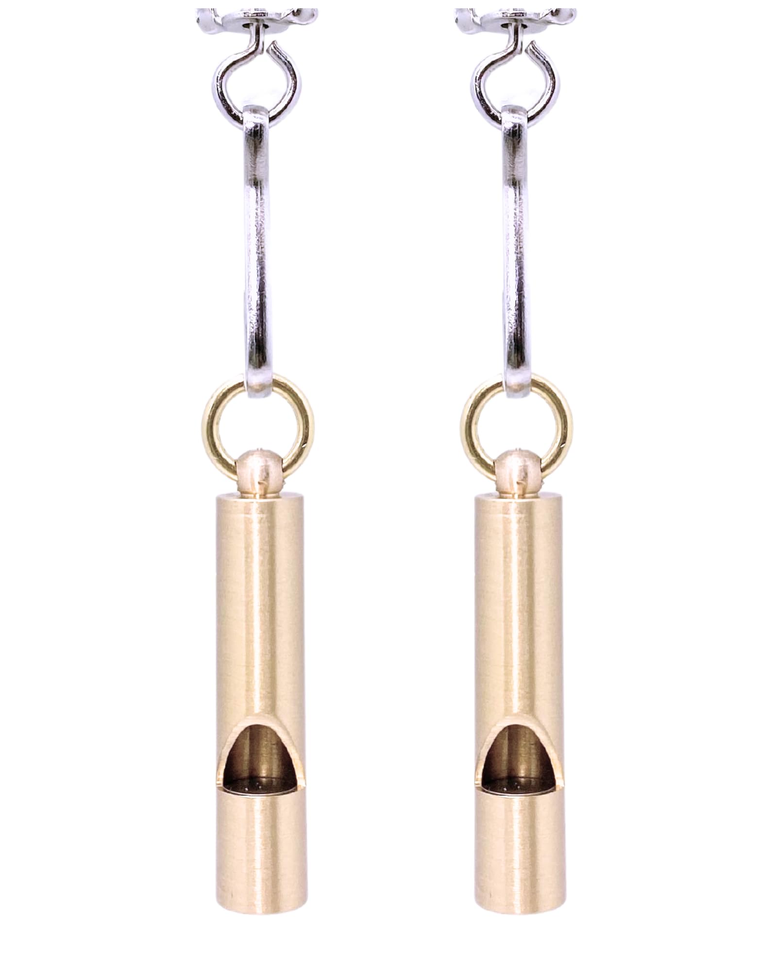 FutureSteps Premium Brass Whistles attached to backpack for quick reach.
