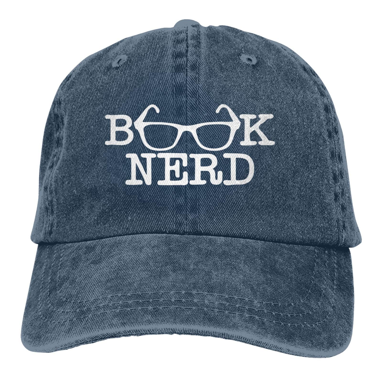 fwoeqiz Book Nerd Hat front view in navy distressed denim for casual everyday wear