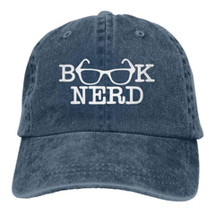 fwoeqiz Book Nerd Hat front view in navy distressed denim for casual everyday wear