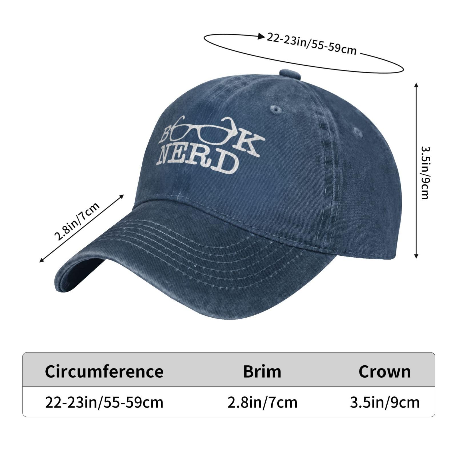 fwoeqiz Book Nerd Hat worn on head in navy denim offering sun protection