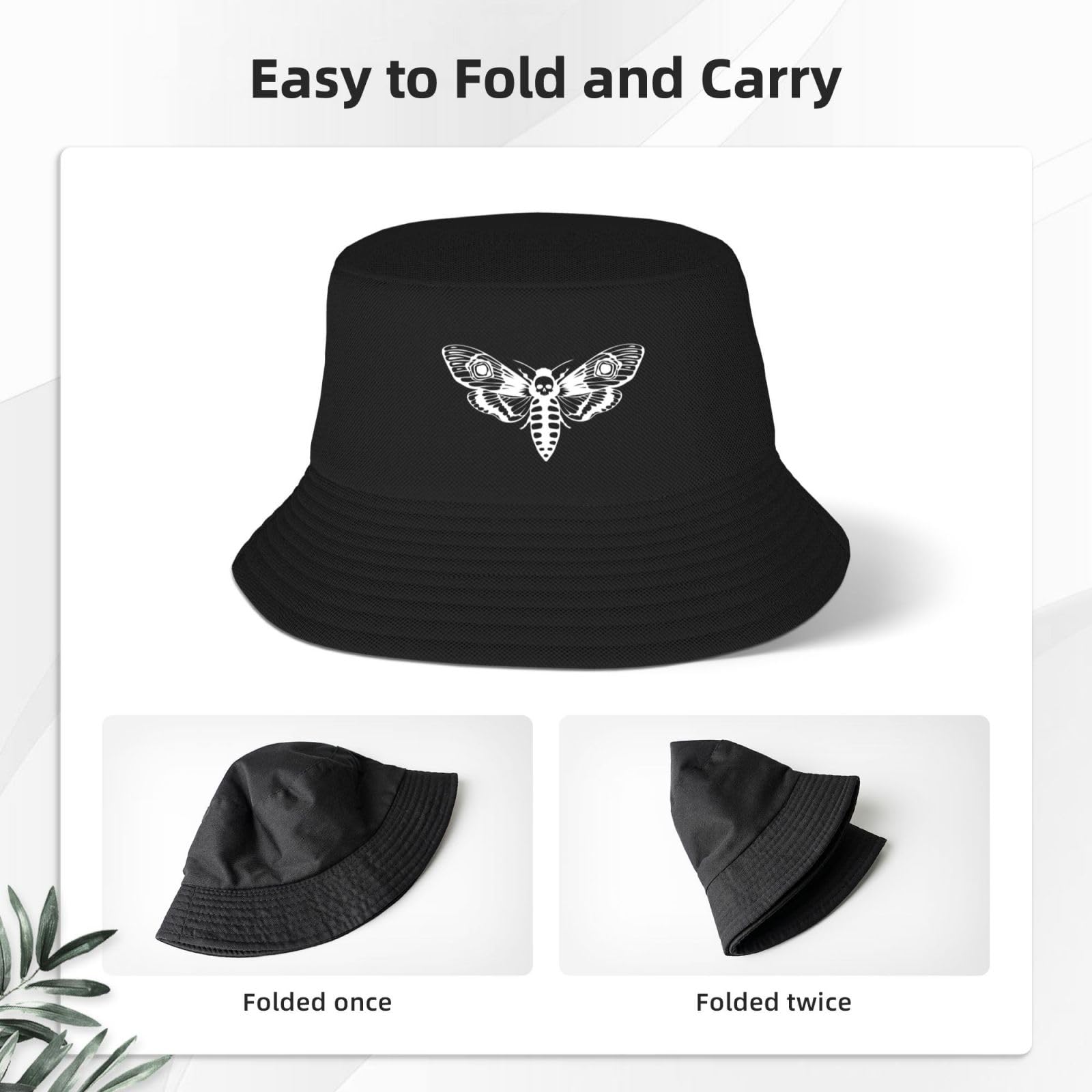 fwoeqiz Death's Head Moth bucket hat back view highlights wide brim shading