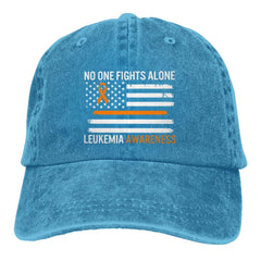 The fwoeqiz leukemia awareness hat in distressed blue denim for casual wear.