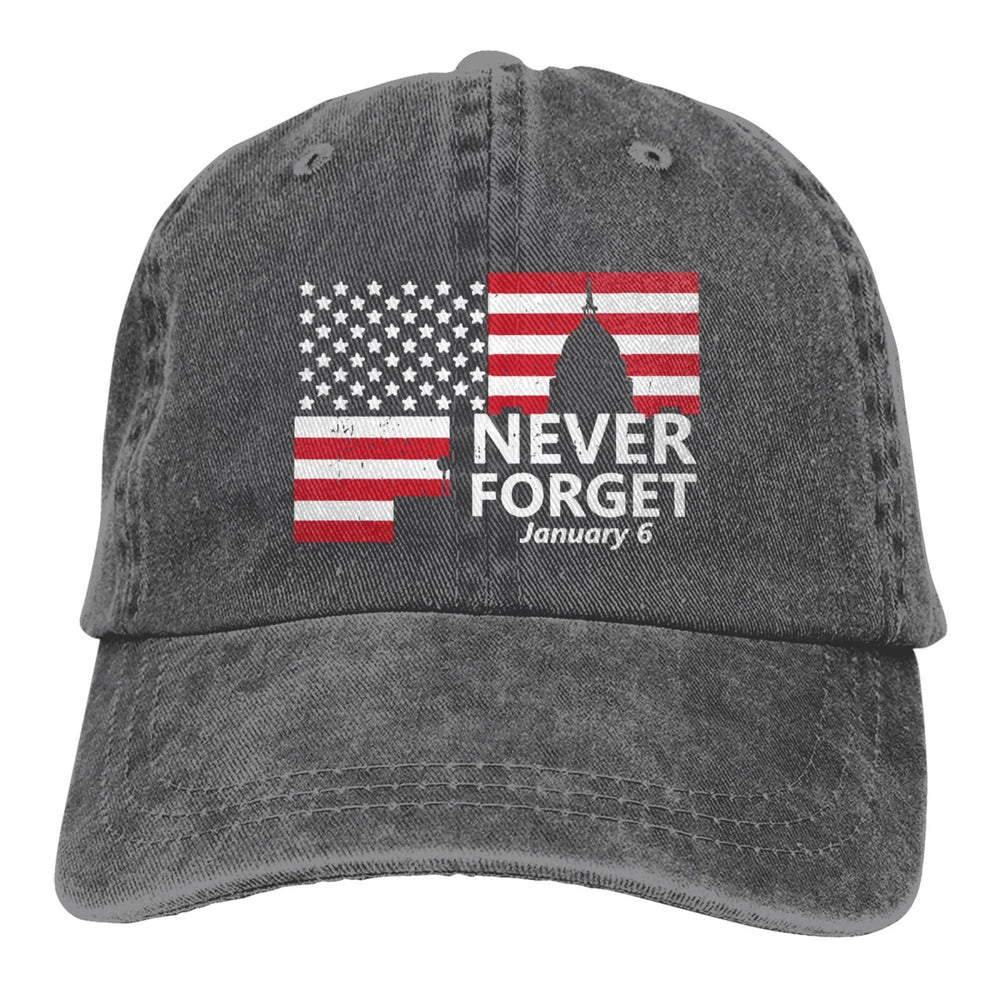 fwoeqiz Never Forget cap front view in distressed denim for casual outdoor wear.