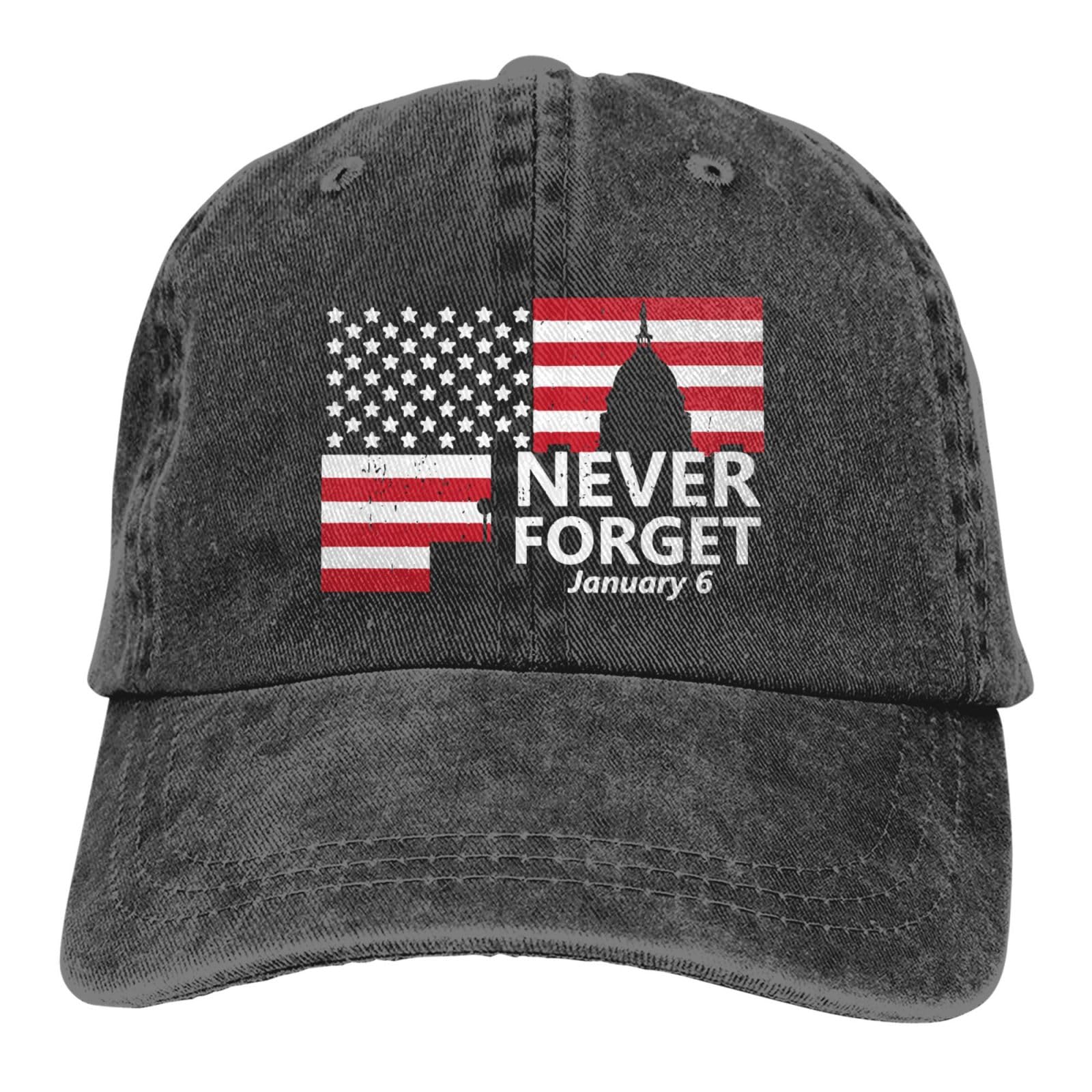 fwoeqiz Never Forget cap front view, casual denim-inspired style for everyday outdoor wear.
