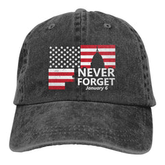 fwoeqiz Never Forget cap front view, casual denim-inspired style for everyday outdoor wear.