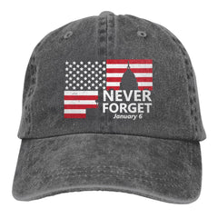 fwoeqiz Never Forget cap front view in distressed denim for casual outdoor wear.