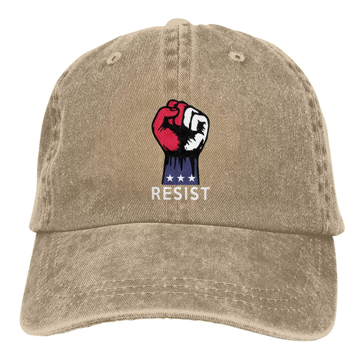 fwoeqiz Resist Fist Hat front view in distressed washed denim for stylish sun protection