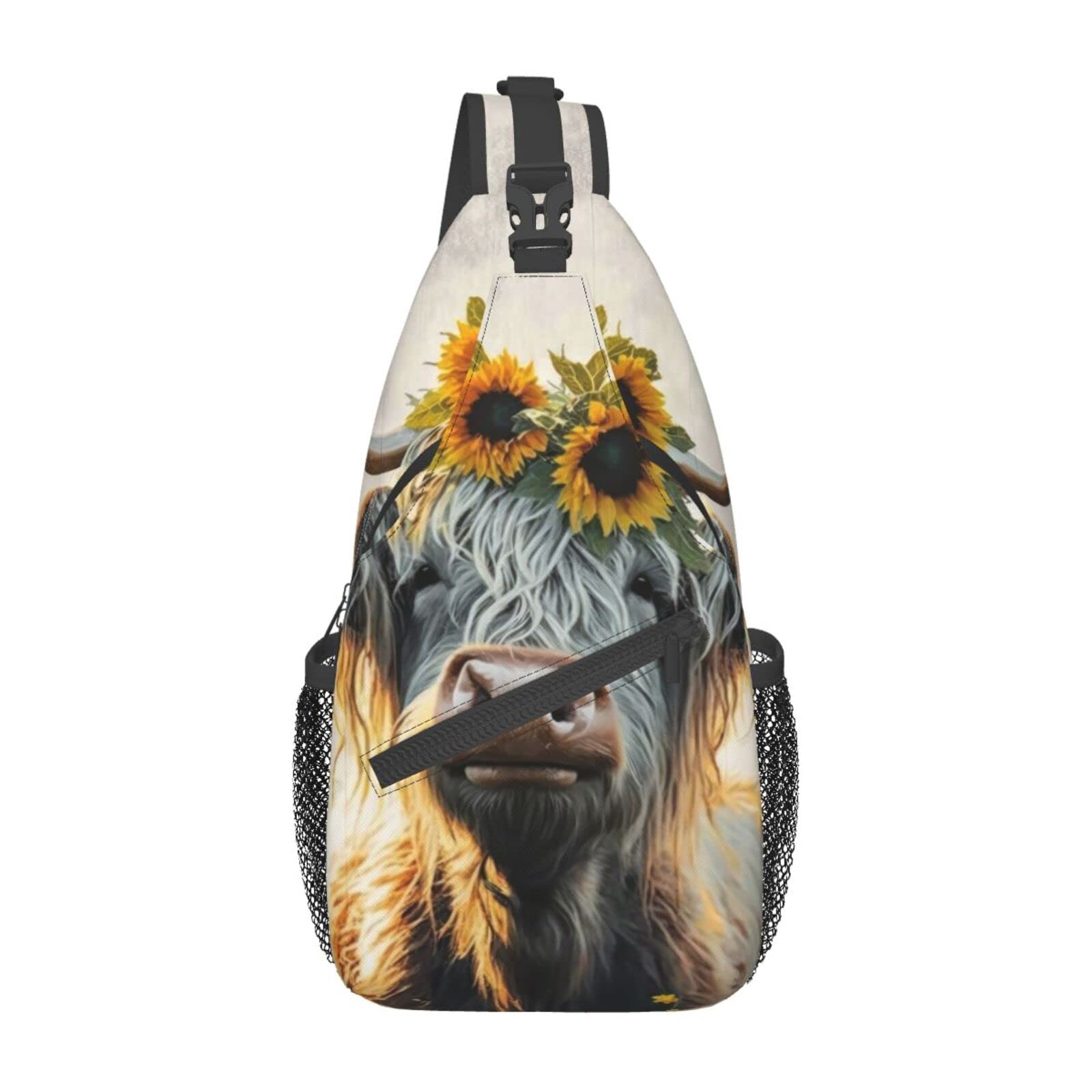 FYCFSLMY Sunflower Highland-Cow bag diagonal strap in use frees both hands.