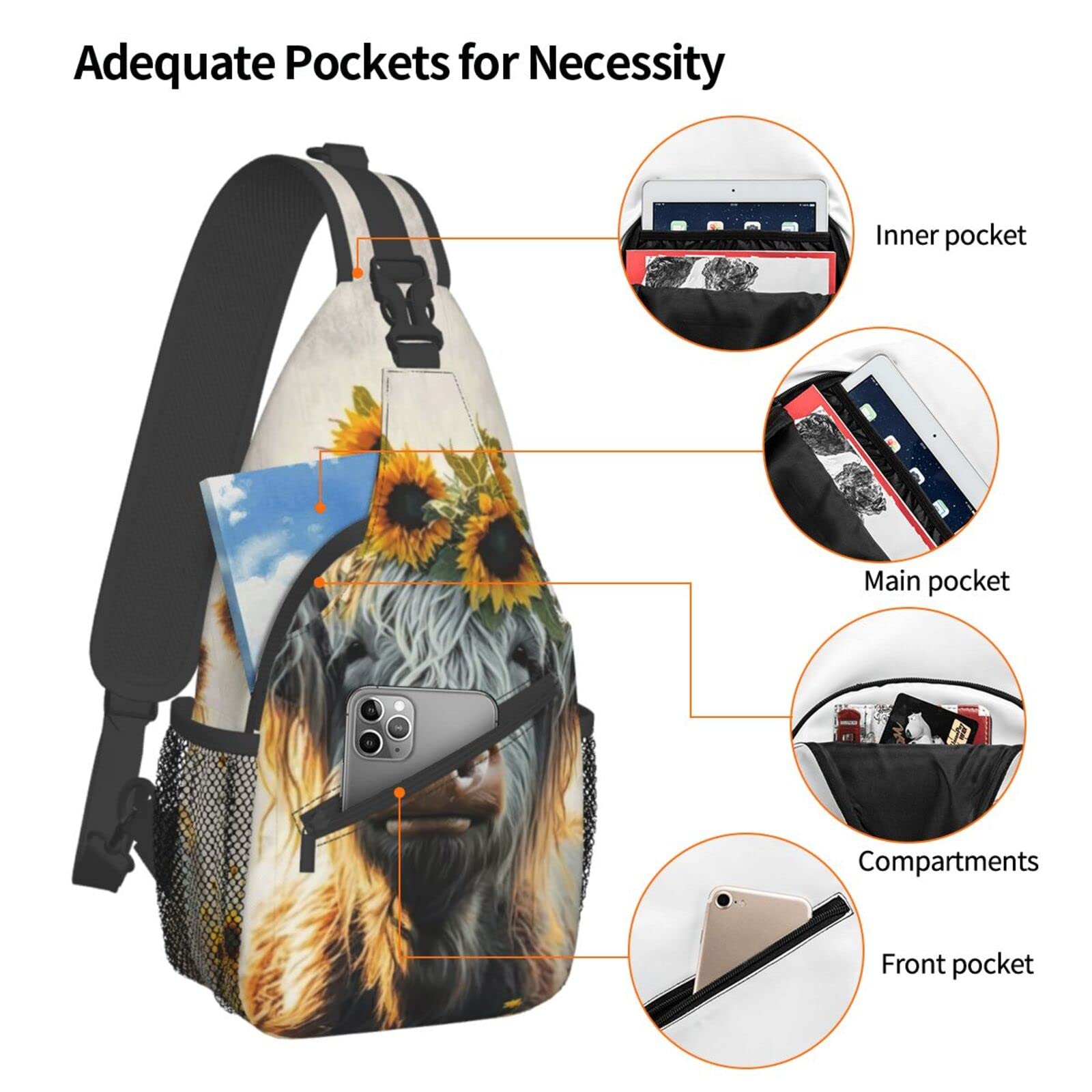 FYCFSLMY Sunflower Highland-Cow bag adjustable strap detail for versatile wear on either shoulder.