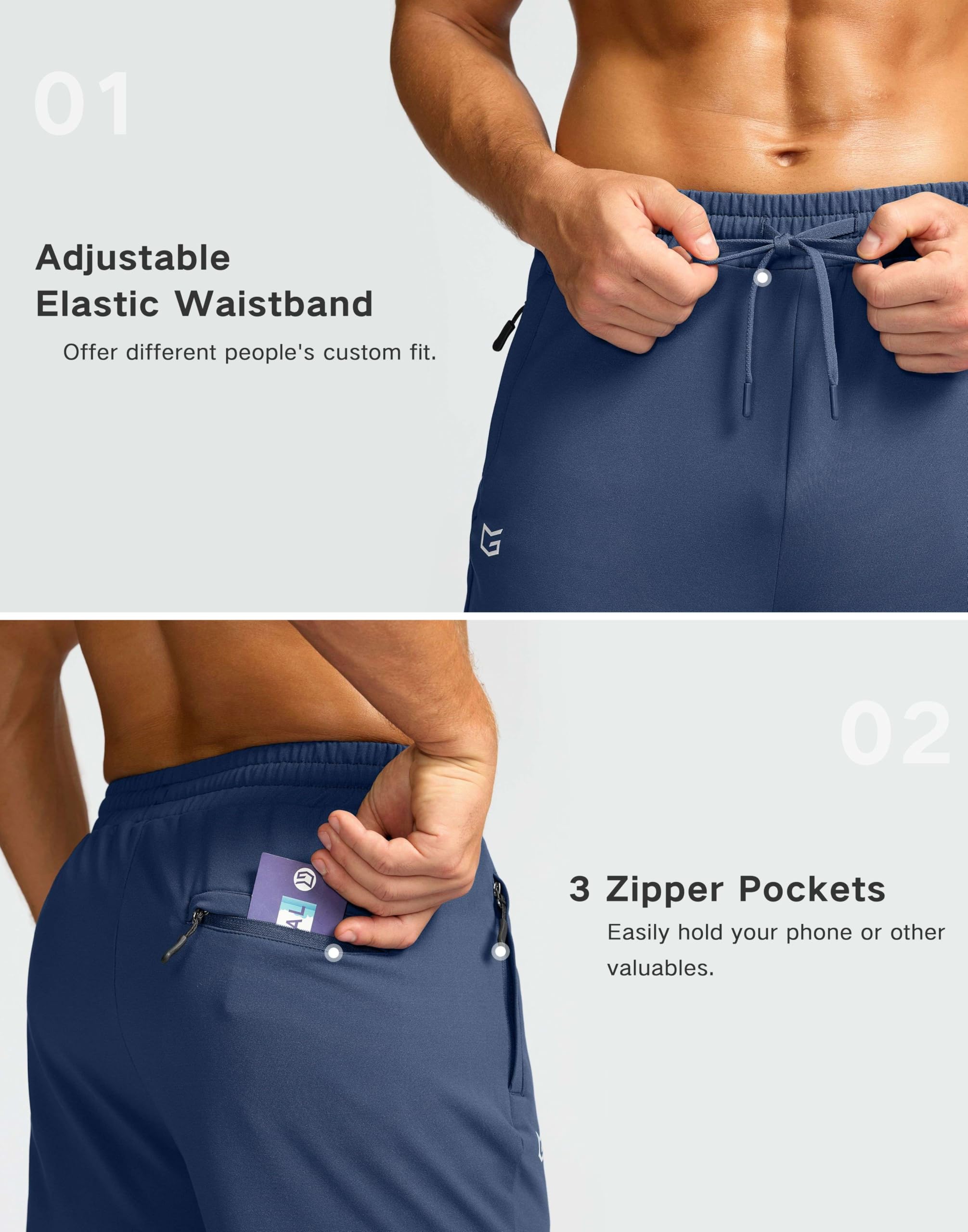 G Gradual elastic waist with drawstring, mid-shot for adjustable comfort.