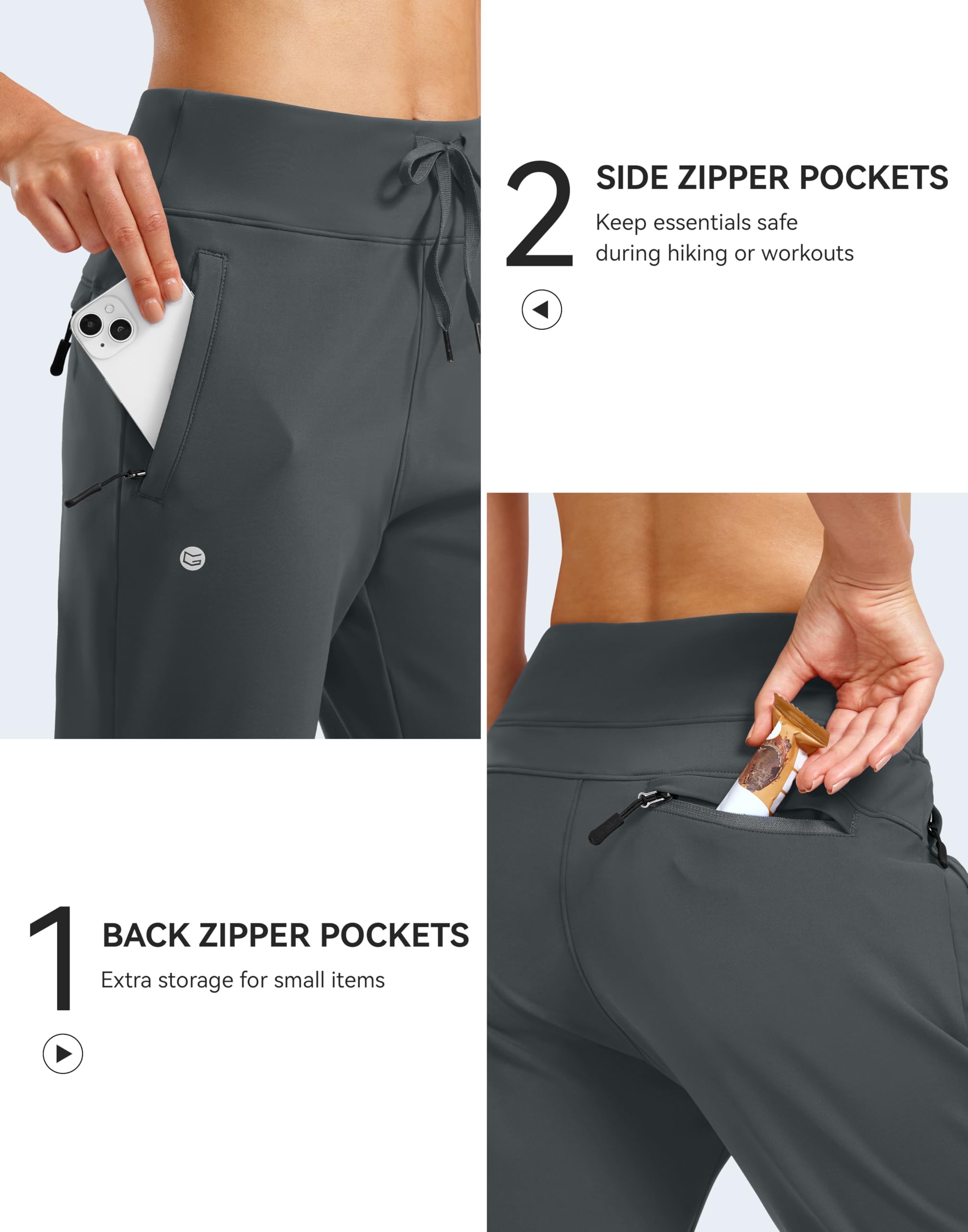 G Gradual three zipper pockets securely holding phone, keys, and cards during activity.