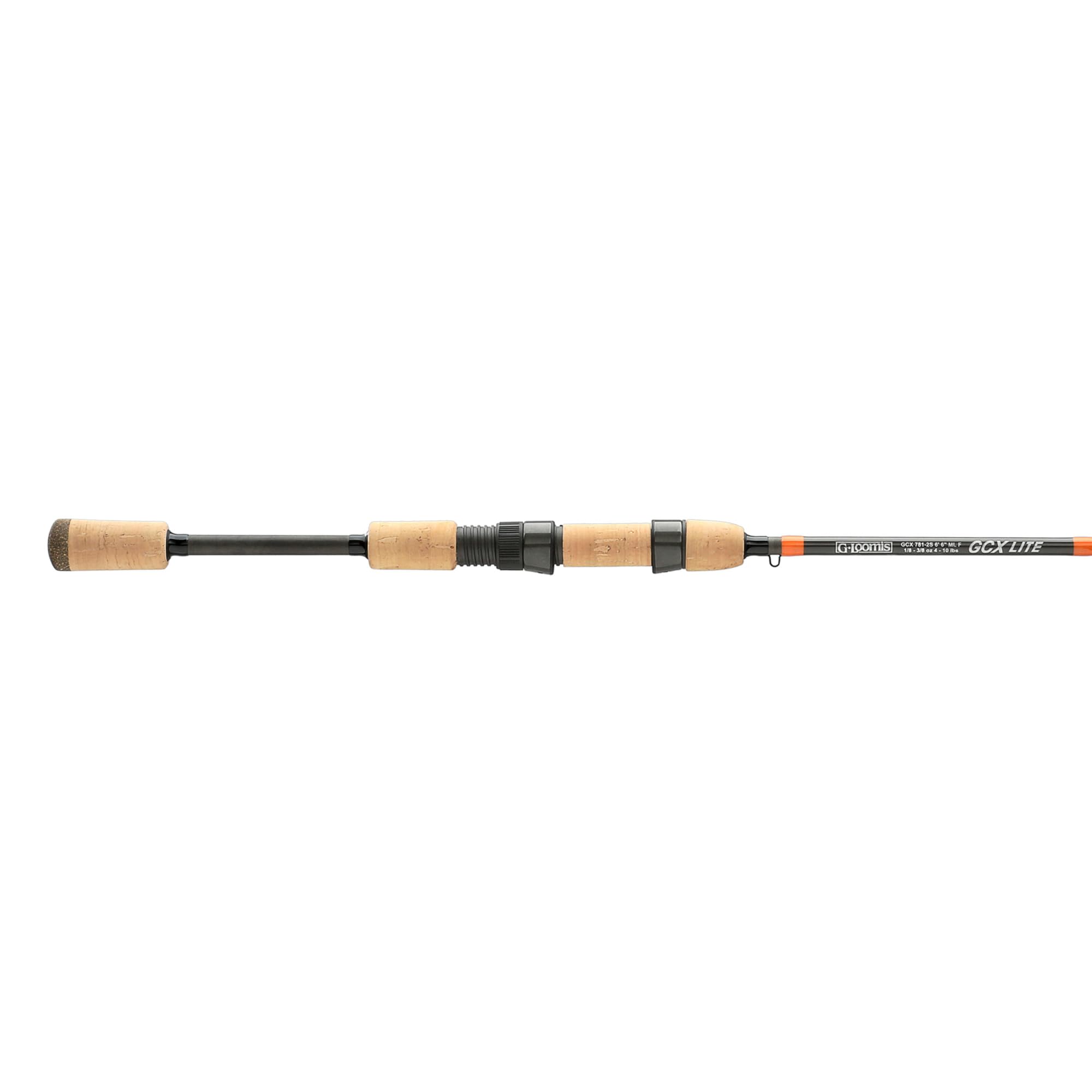 G. Loomis GCX LITE spinning rod close-up highlighting premium cork grip for comfort.