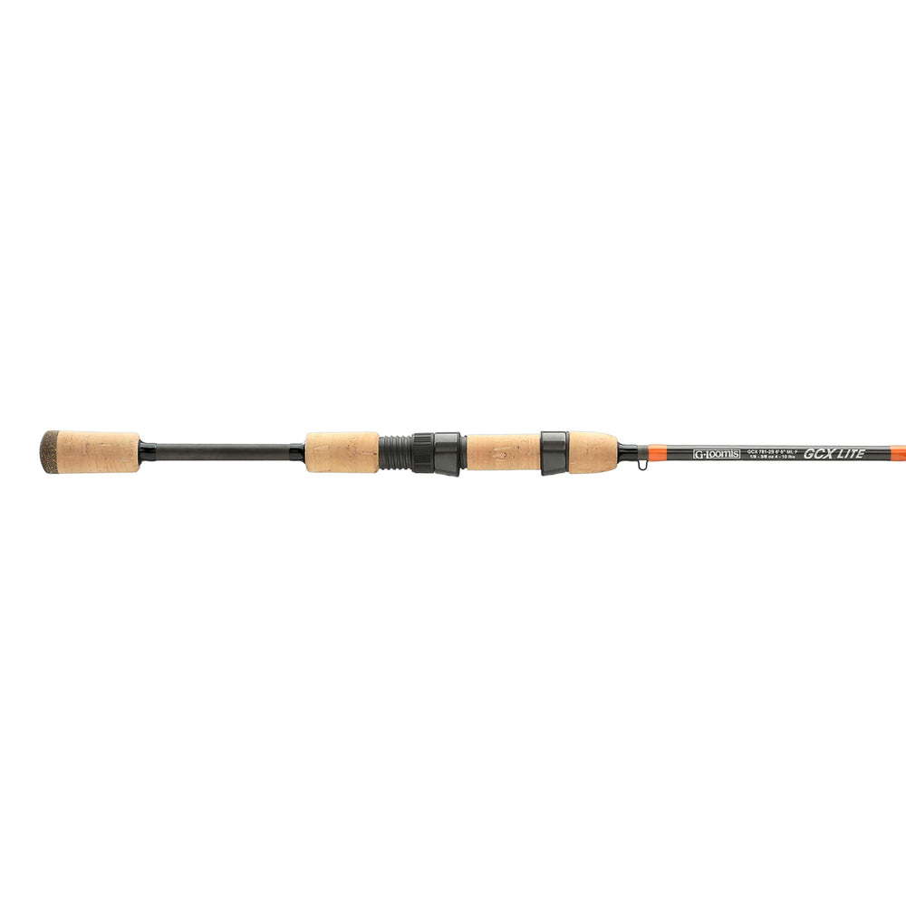 G. Loomis GCX LITE spinning rod close-up highlighting premium cork grip for comfort.