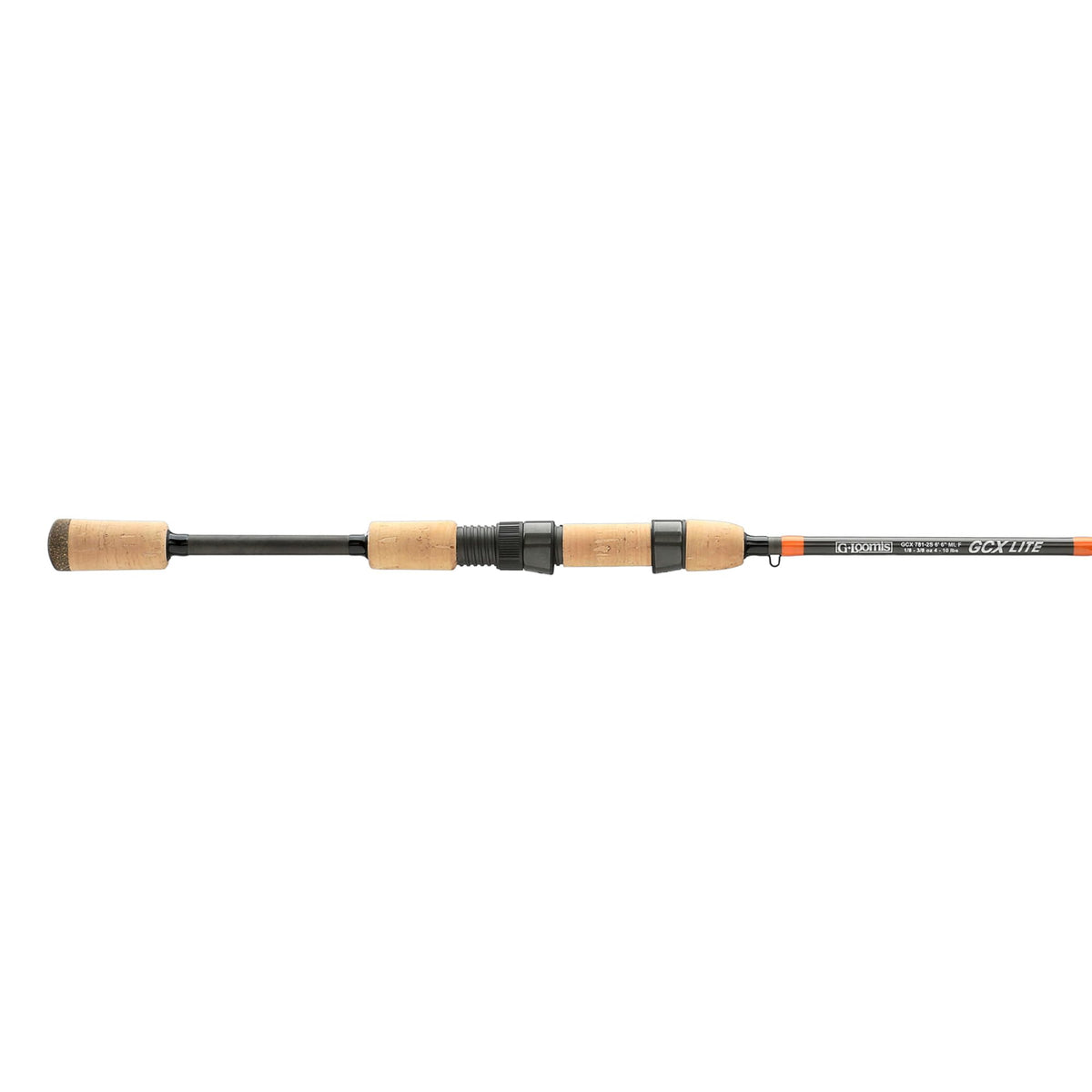 G. Loomis GCX LITE spinning rod close-up highlighting premium cork grip for comfort.