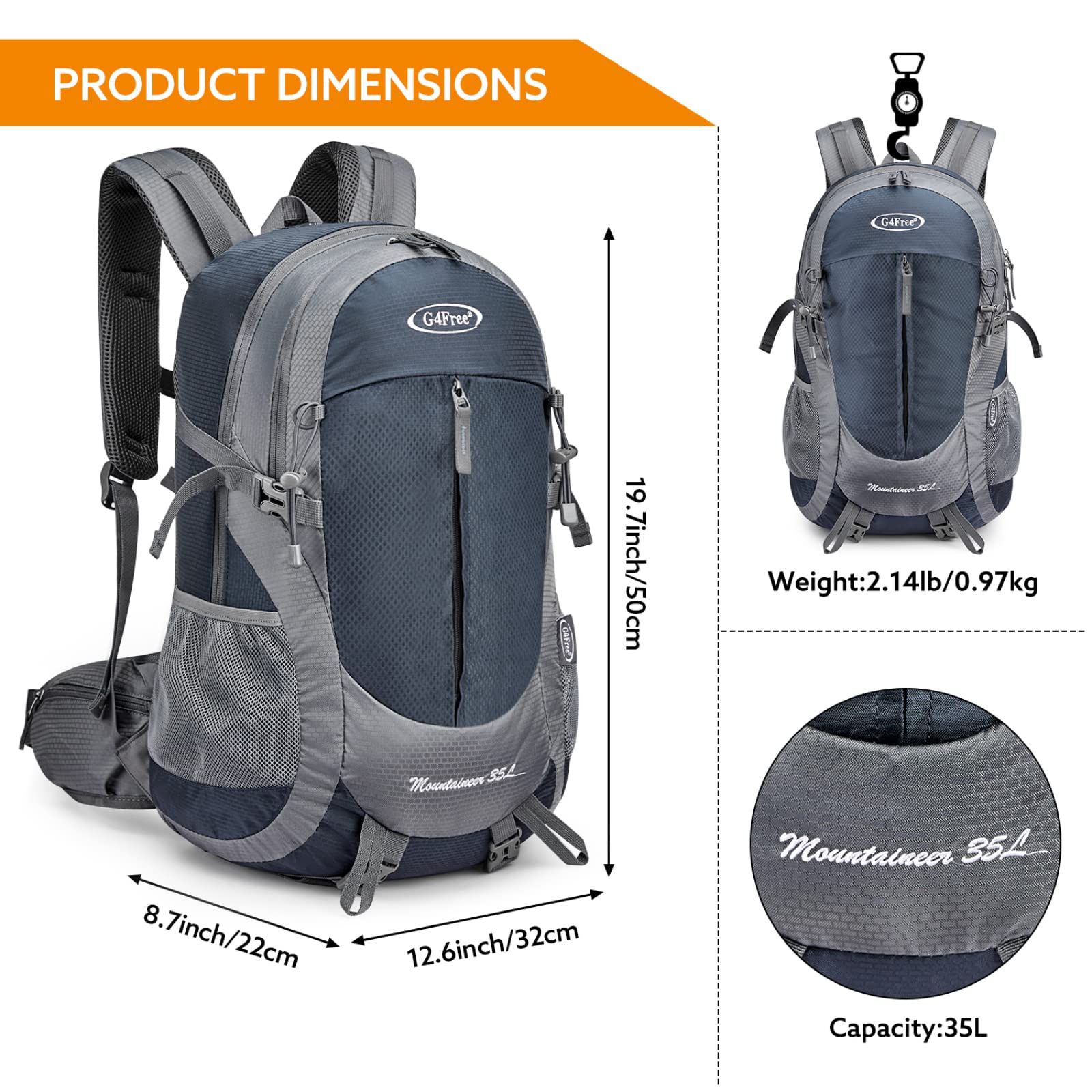 G4Free 35L hiking backpack back-strap system supports comfort on long hikes.