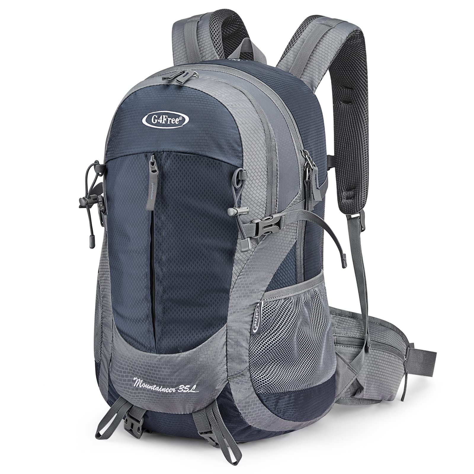 G4Free 35L hiking backpack front view highlighting roomy main compartment for travel.