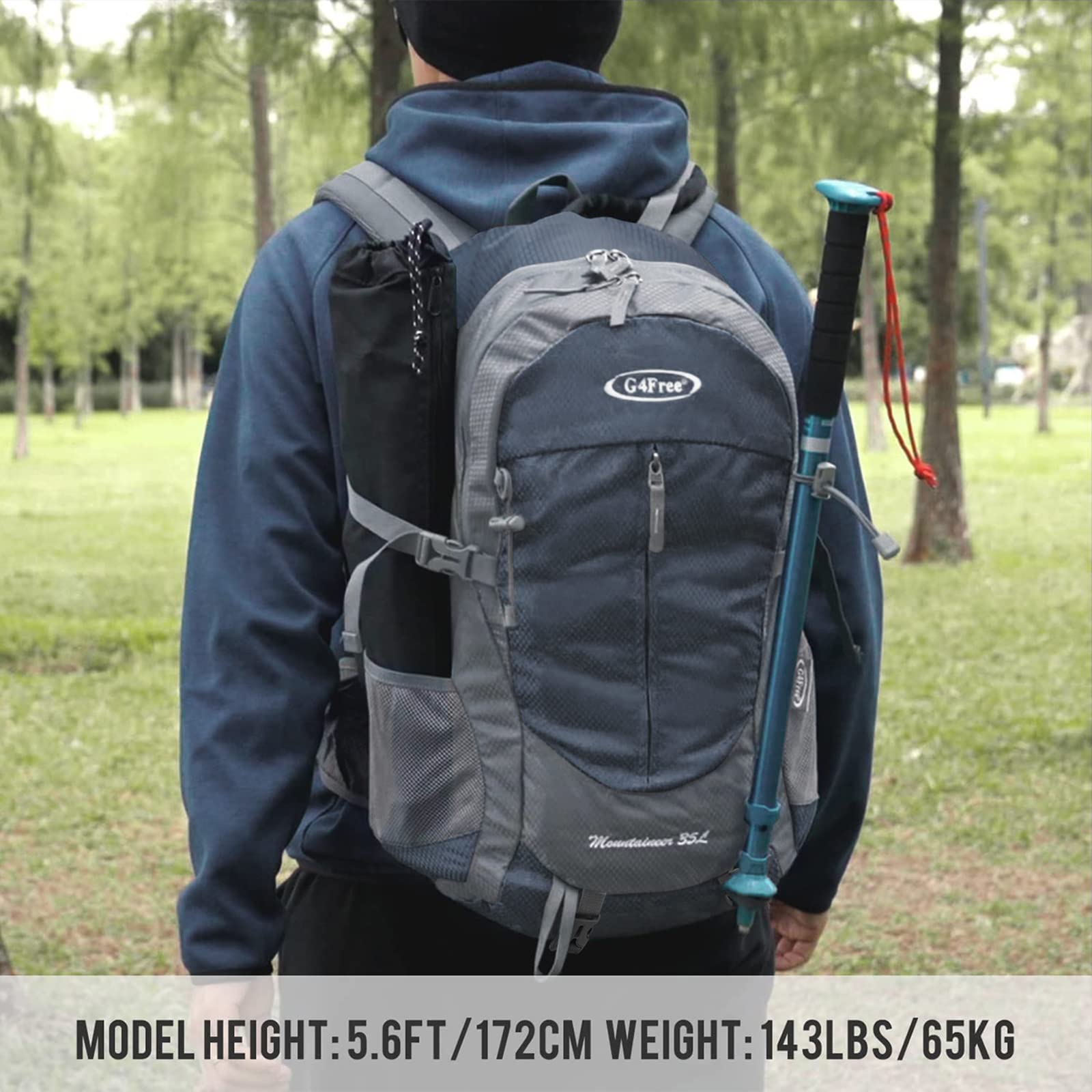 G4Free 35L hiking backpack side pocket open reveals organized storage for bottles.