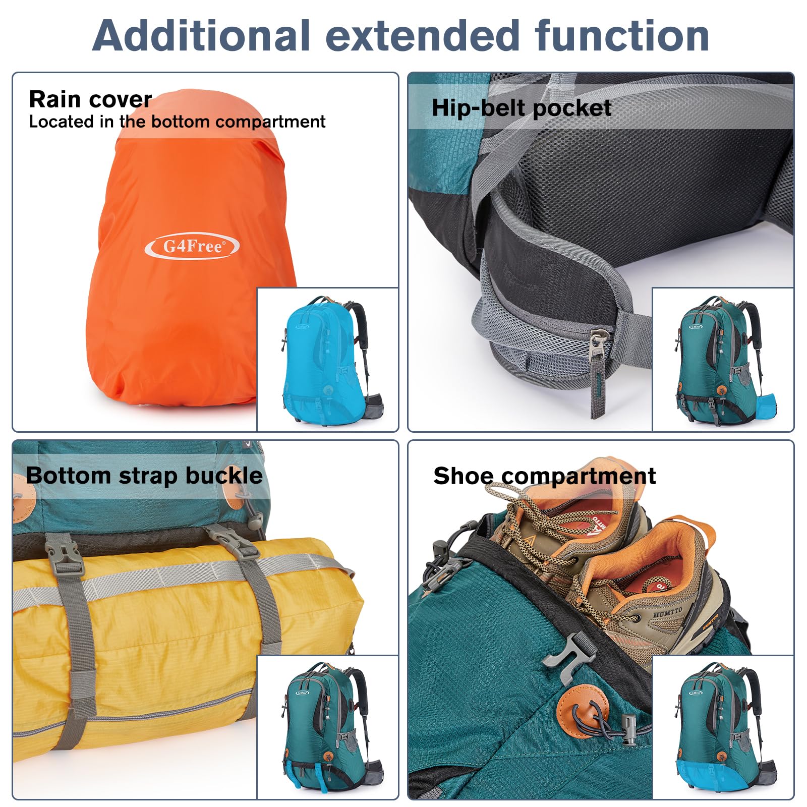 G4Free 50L rain cover included protects gear from rain.