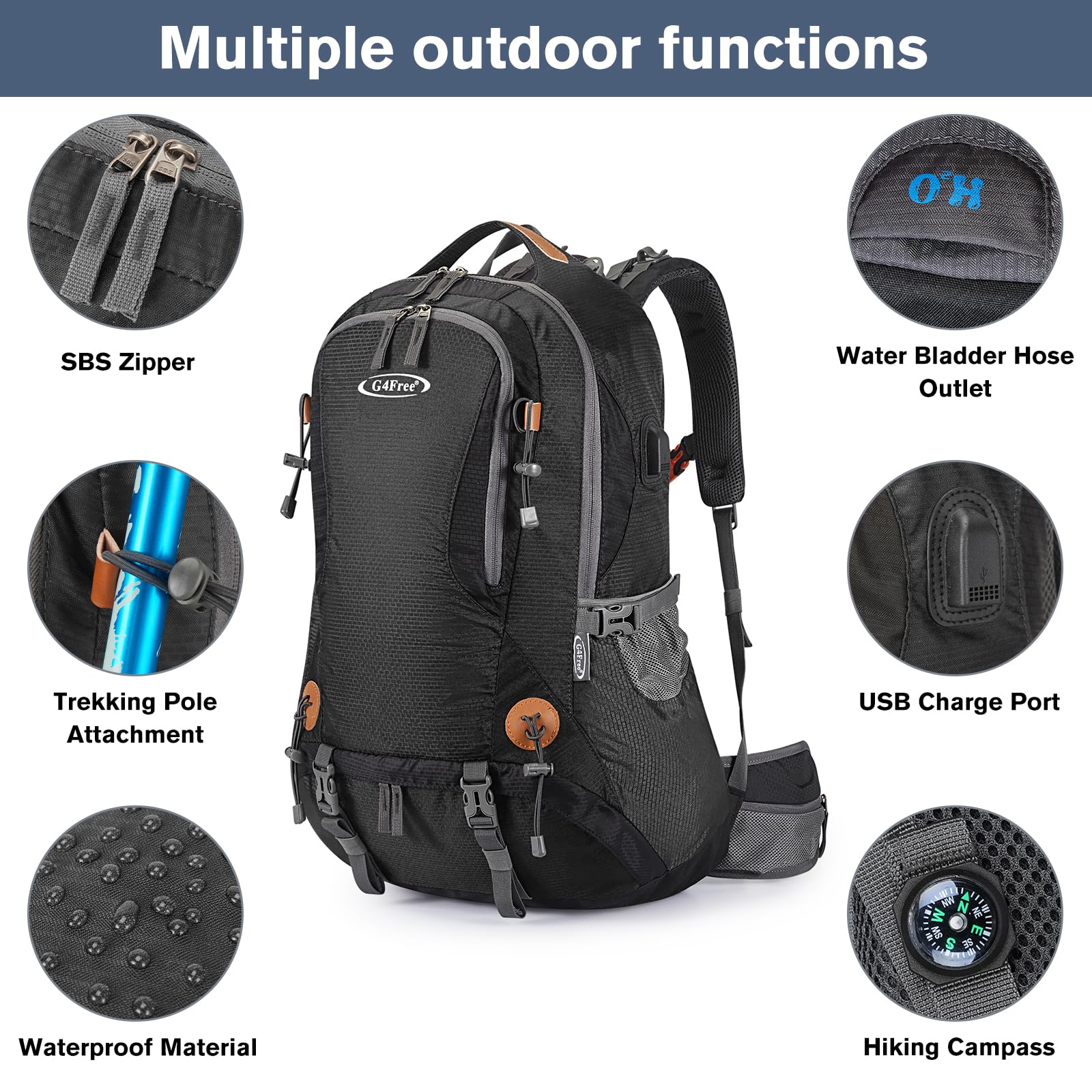 G4Free 50L hiking backpack hydration compartment for on-the-go drinks