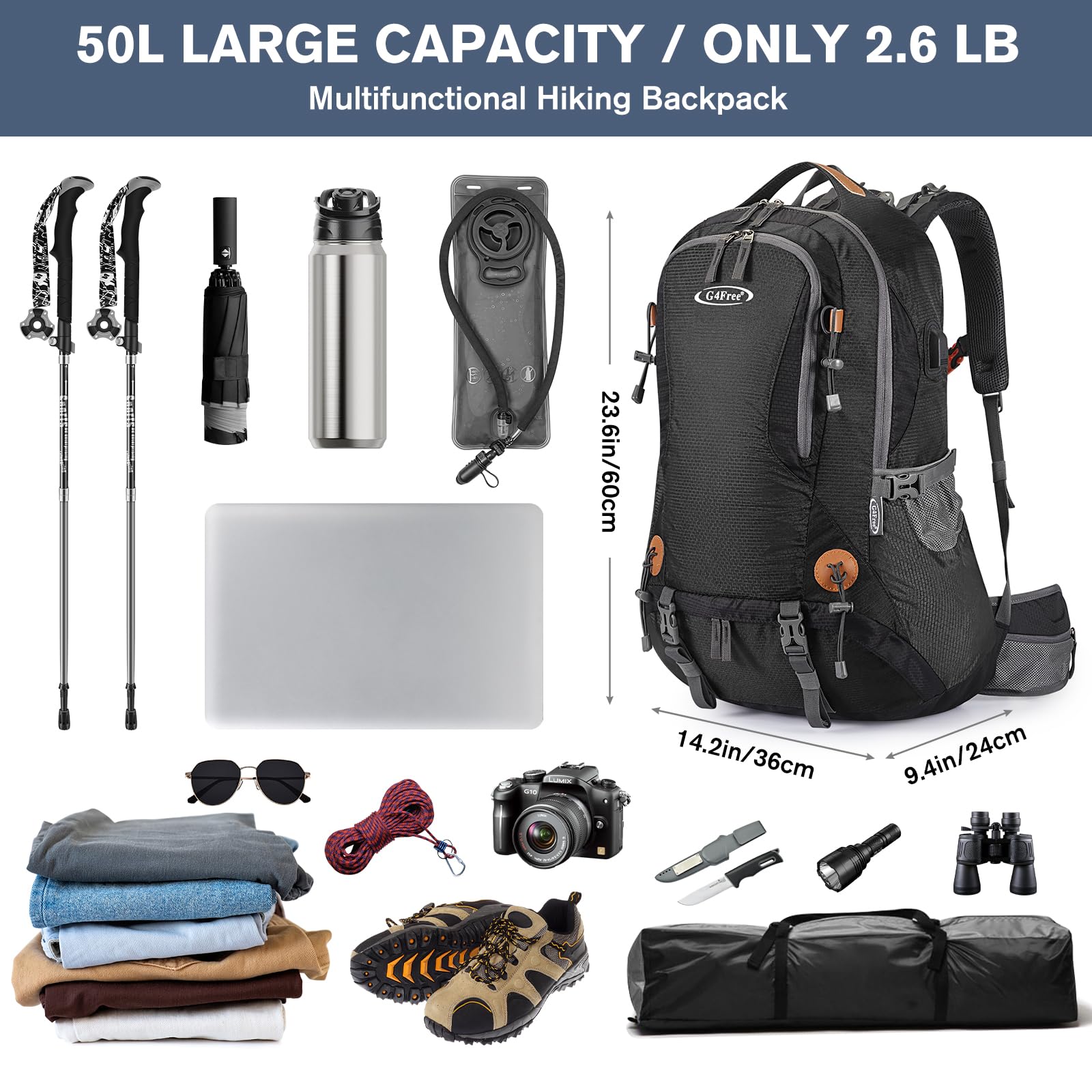 G4Free 50L hiking backpack shoe pocket keeps dirty items separate