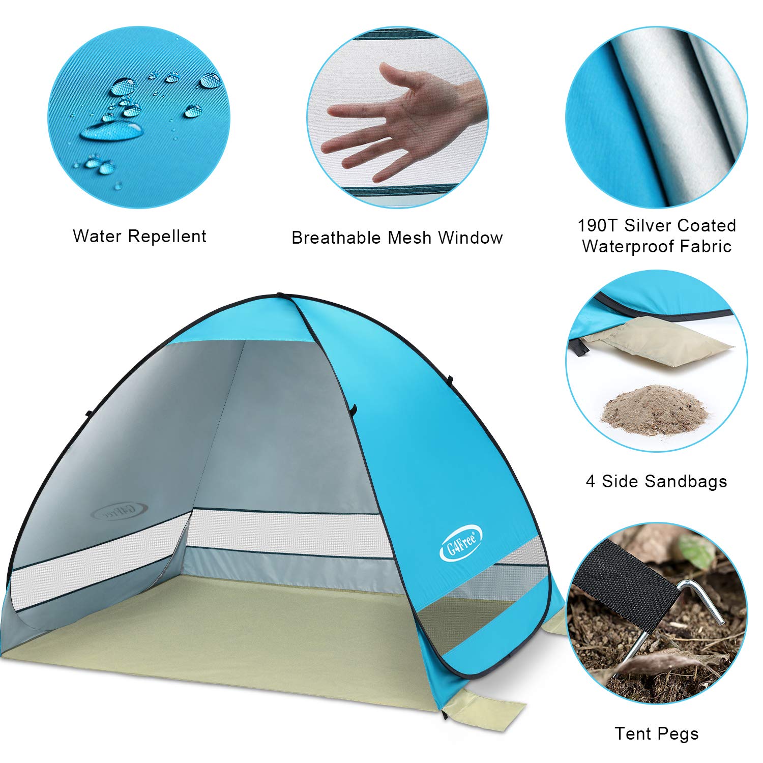 G4Free beach tent includes carry bag, pegs, ropes and sandbags