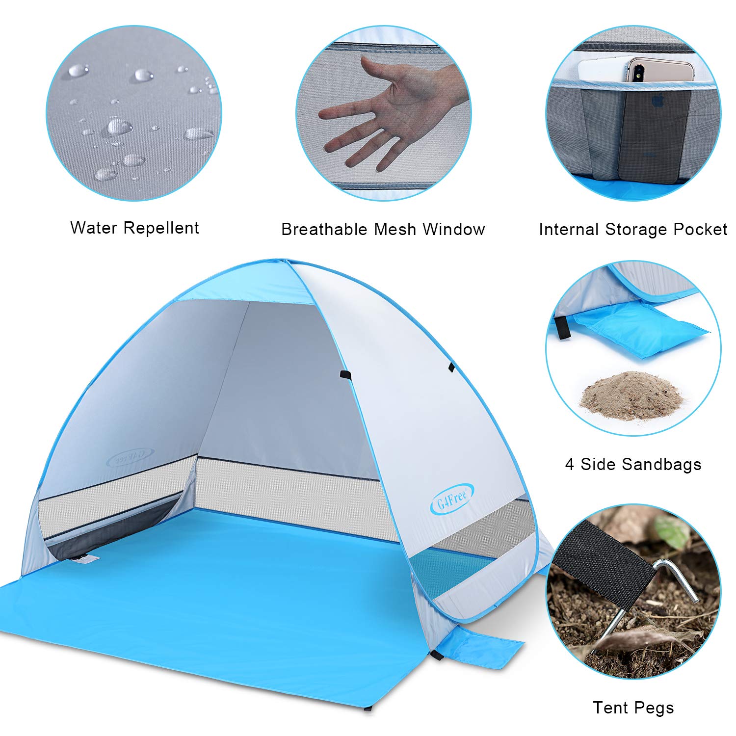 G4Free beach tent package includes pegs and detachable sand bags for quick setup.