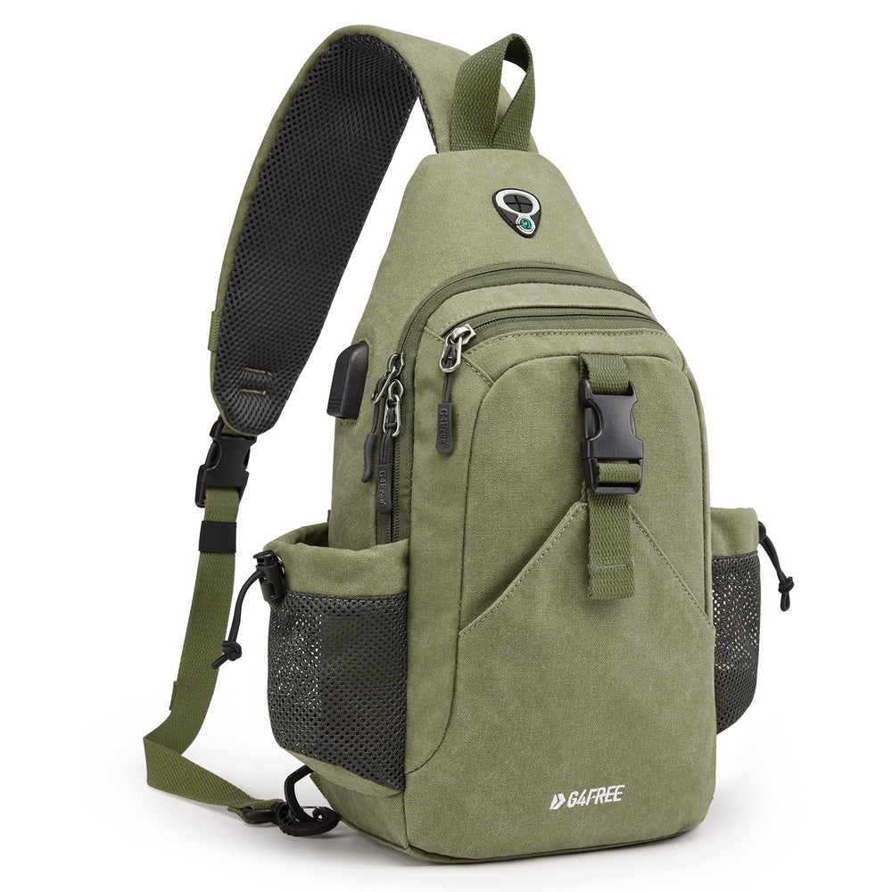 G4Free canvas sling bag USB port for easy phone charging on the go.