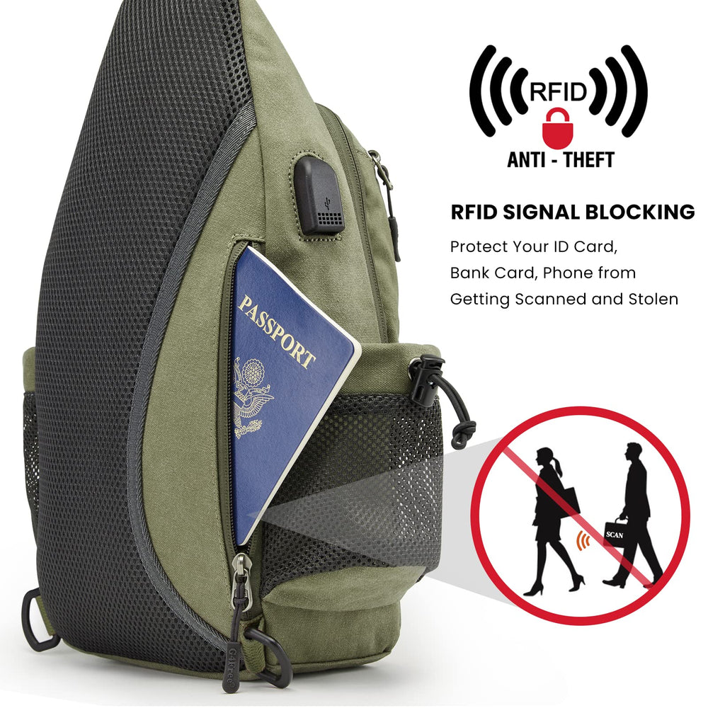 G4Free canvas sling bag RFID-protected back pocket guards cards in public.