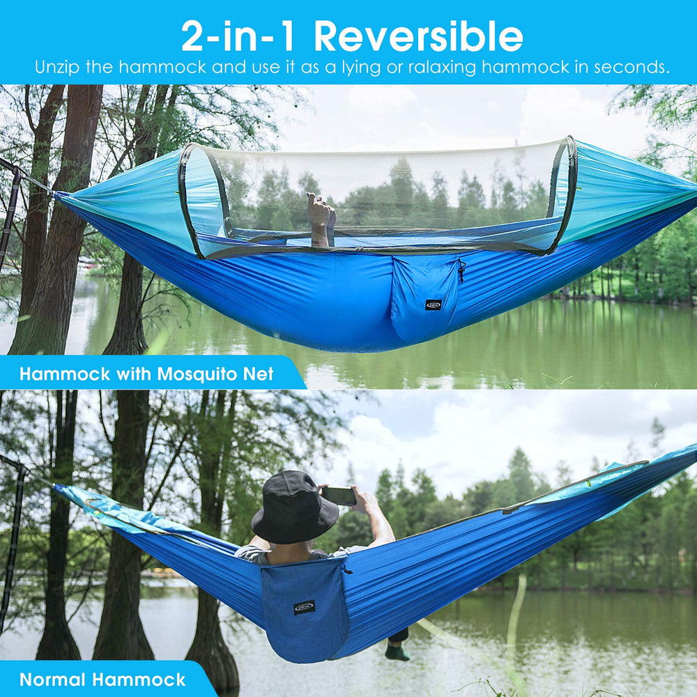 G4Free hammock shows durable tree straps and carabiner clips for two-person use.