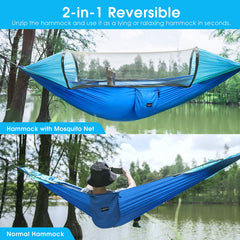 G4Free hammock shows durable tree straps and carabiner clips for two-person use.