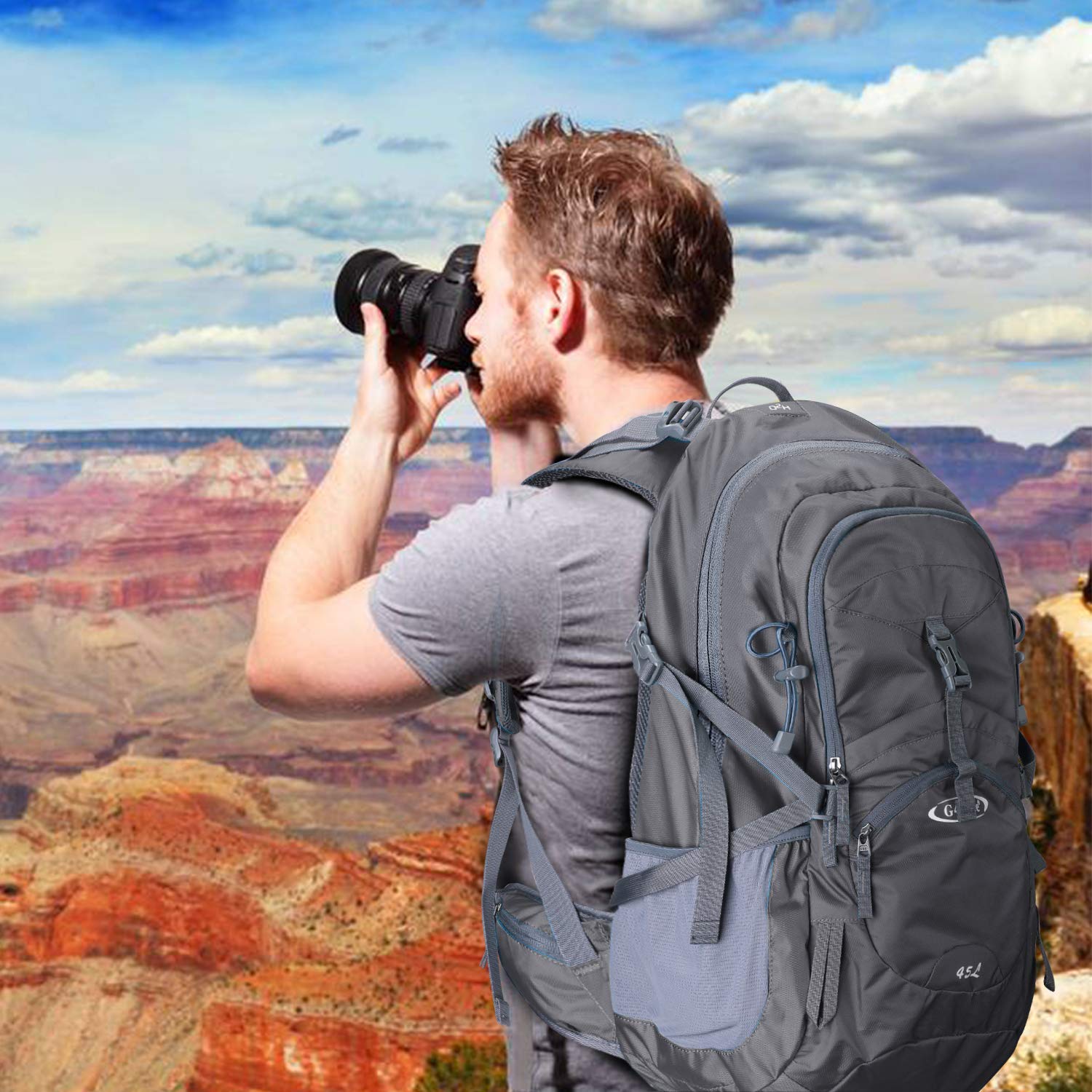 G4Free hiking backpack dark grey side pocket ideal for quick-access items