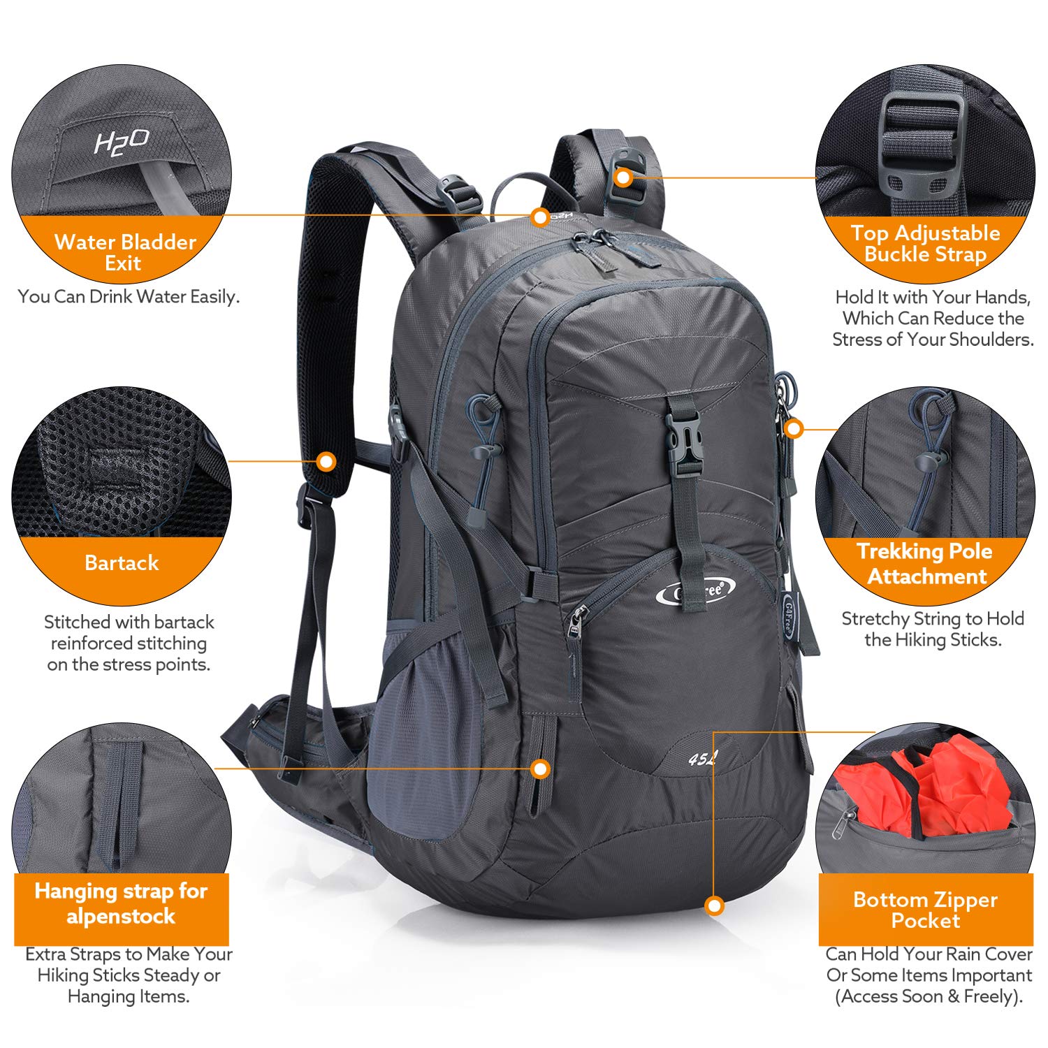 G4Free hiking backpack with water bladder exit detail to assist hydration on long treks