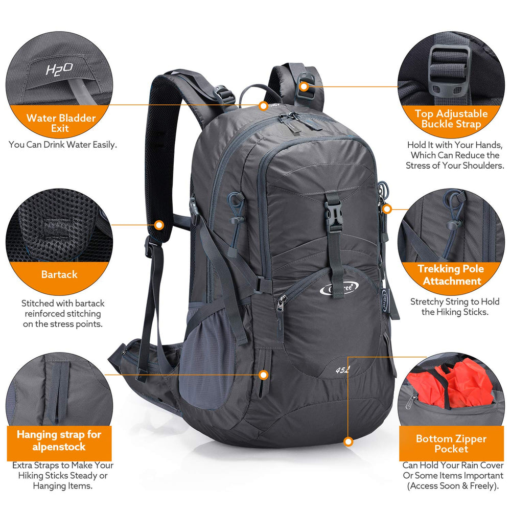 G4Free hiking backpack with water bladder exit detail to assist hydration on long treks