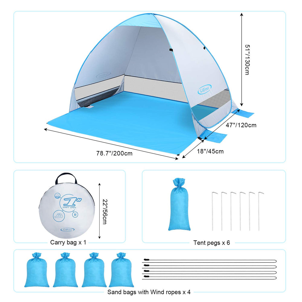 G4Free instant pop-up sun shelter ventilates well for breezy seaside relaxation.