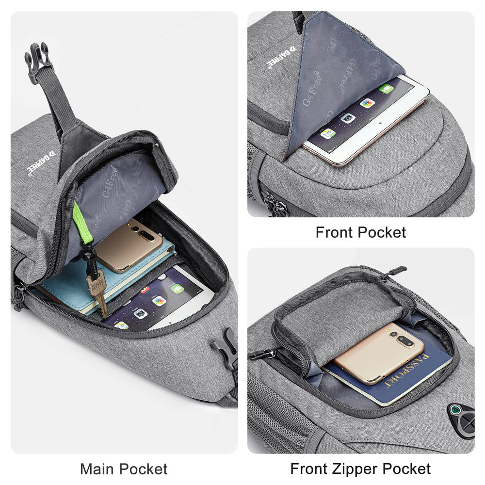 G4Free RFID Sling Bag earphone-hole close-up indicates optional opening for headphones.