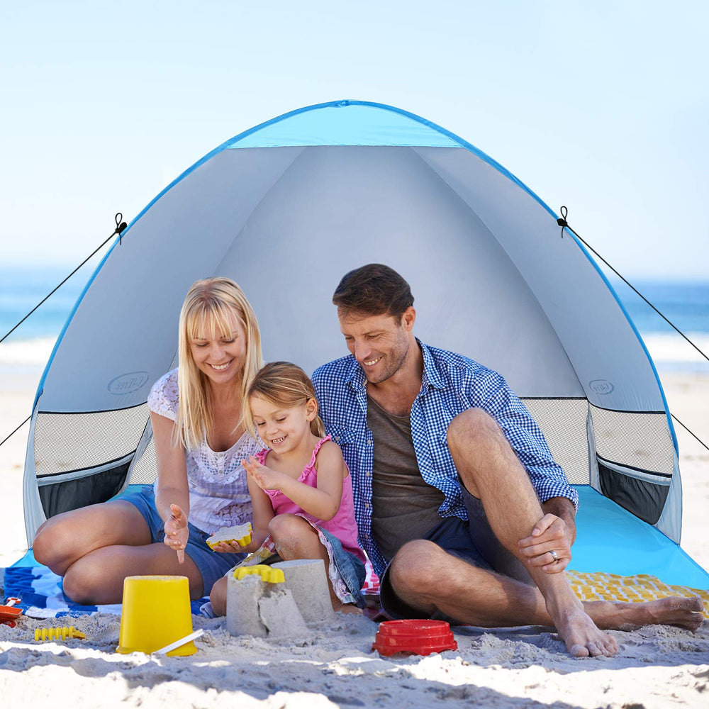 G4Free windproof beach tent with sand pockets stabilizes on windy days.