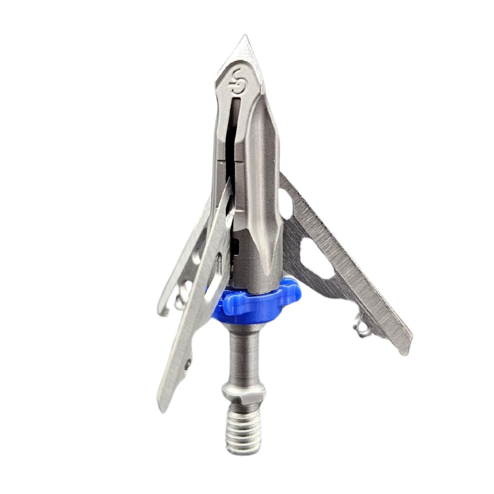 G5 Outdoors DeadMeat Broadhead front view with three blades ready for deployment