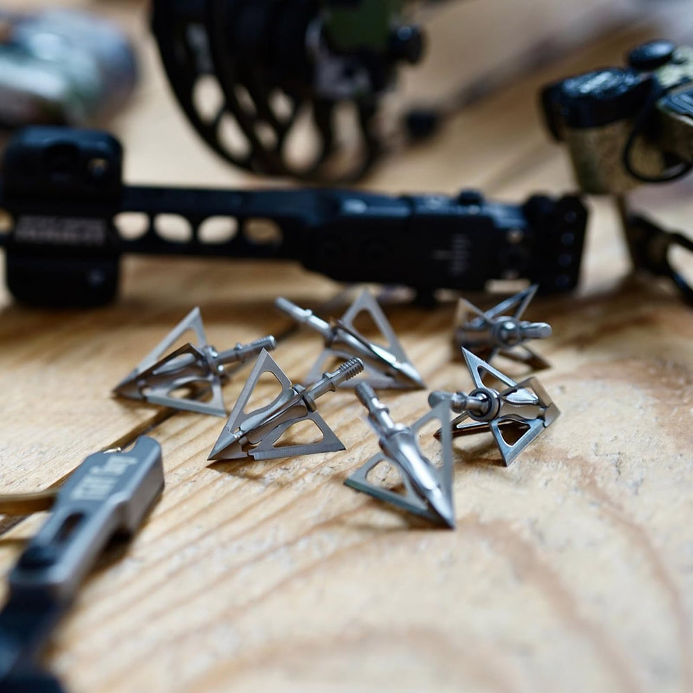 G5 Outdoors Striker X broadhead four blades spread for increased cutting area.